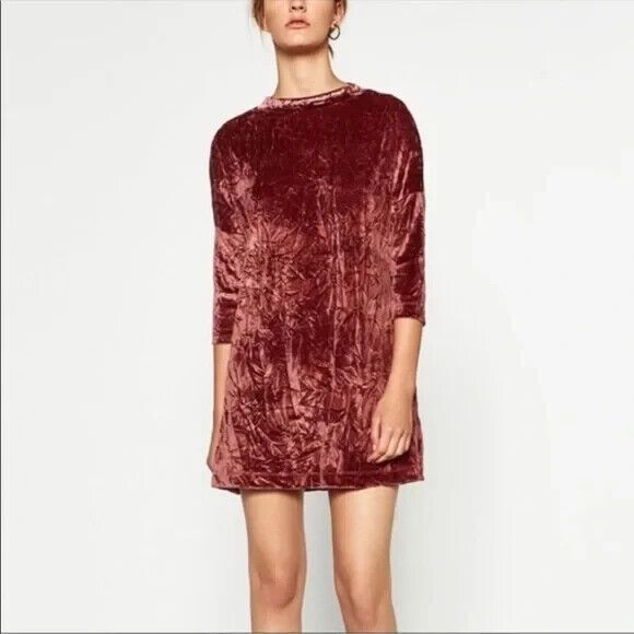 ZARA Pink Crushed Velvet 3/4 Sleeve Mock Neck Dolman Mini Dress SIZE SMALL - Picture 1 of 11